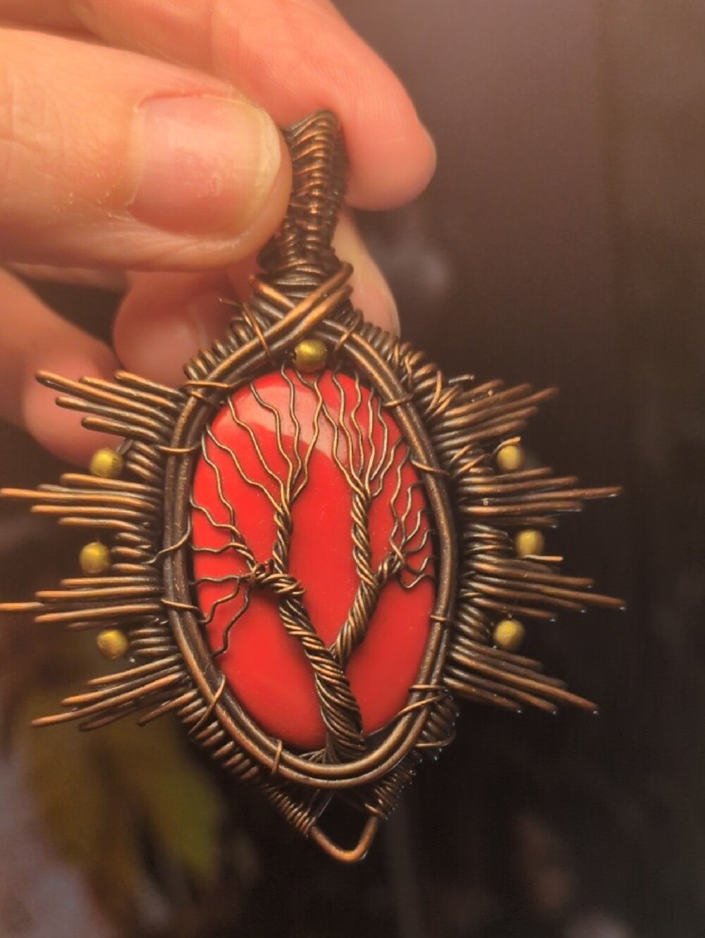 Handcrafted Copper Wire Tree of Life Pendant with Red Coral Stone